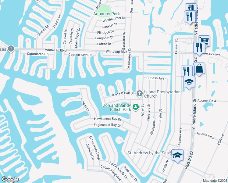 map of restaurants, bars, coffee shops, grocery stores, and more near 15425 Grass Cay Court in Corpus Christi
