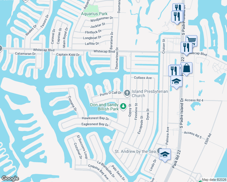map of restaurants, bars, coffee shops, grocery stores, and more near 14005 Ports O Call Drive in Corpus Christi