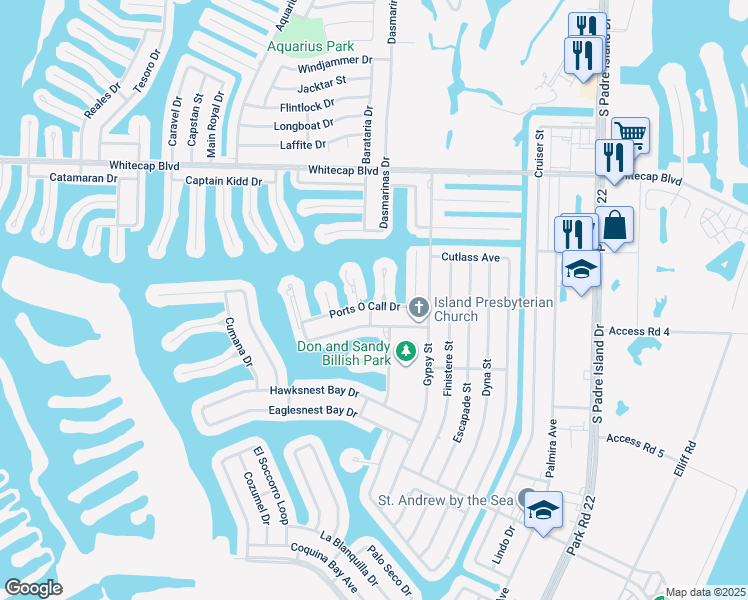 map of restaurants, bars, coffee shops, grocery stores, and more near 14005 Ports O Call Drive in Corpus Christi
