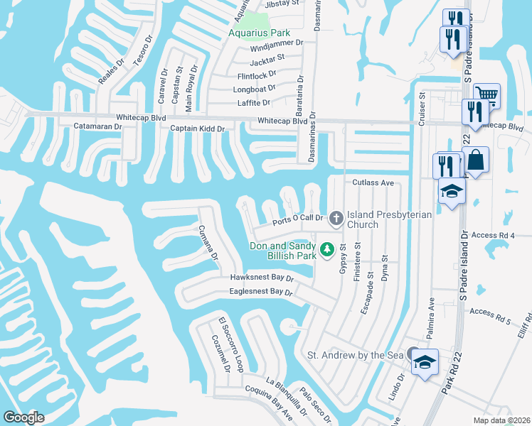map of restaurants, bars, coffee shops, grocery stores, and more near 15422 Fortuna Bay Drive in Corpus Christi