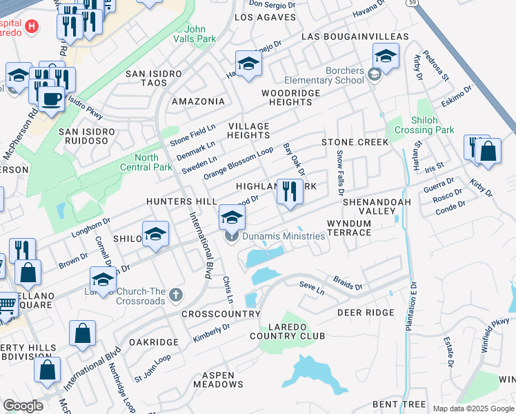 map of restaurants, bars, coffee shops, grocery stores, and more near 1606 Woodstone Court in Laredo