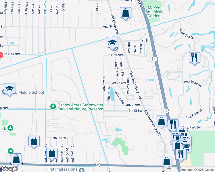 map of restaurants, bars, coffee shops, grocery stores, and more near 330 7th Road Southwest in Vero Beach