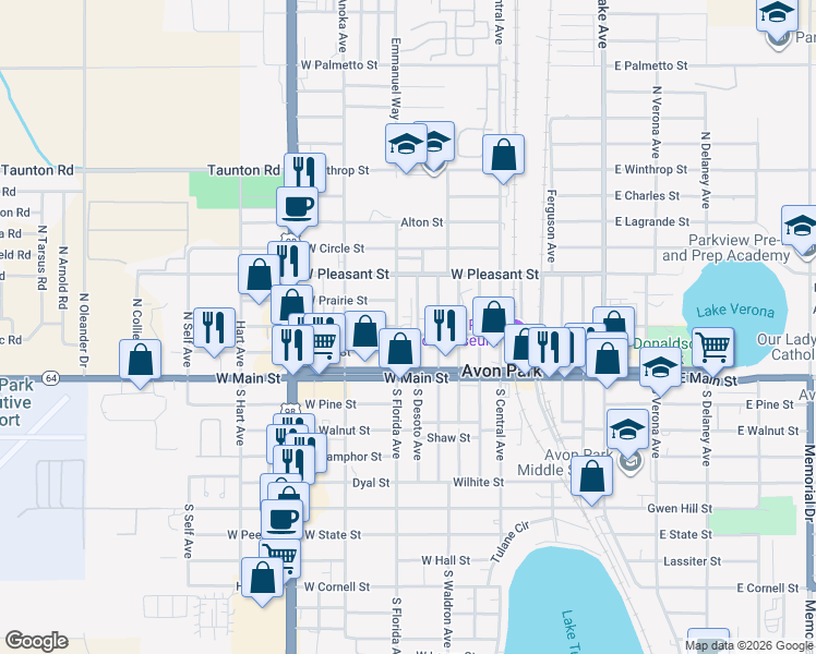 map of restaurants, bars, coffee shops, grocery stores, and more near 102 North Florida Avenue in Avon Park