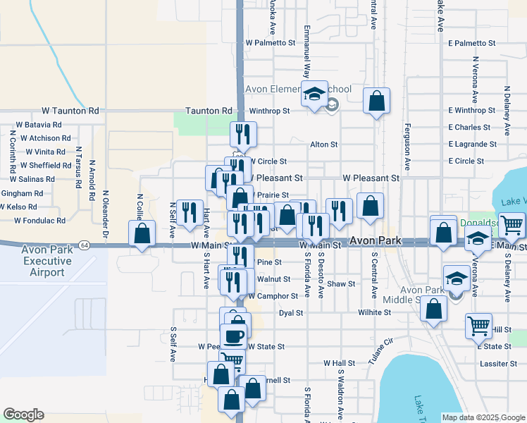 map of restaurants, bars, coffee shops, grocery stores, and more near 1001 Locke Street in Avon Park