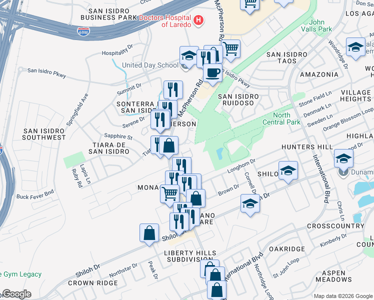 map of restaurants, bars, coffee shops, grocery stores, and more near 9651 McPherson Road in Laredo