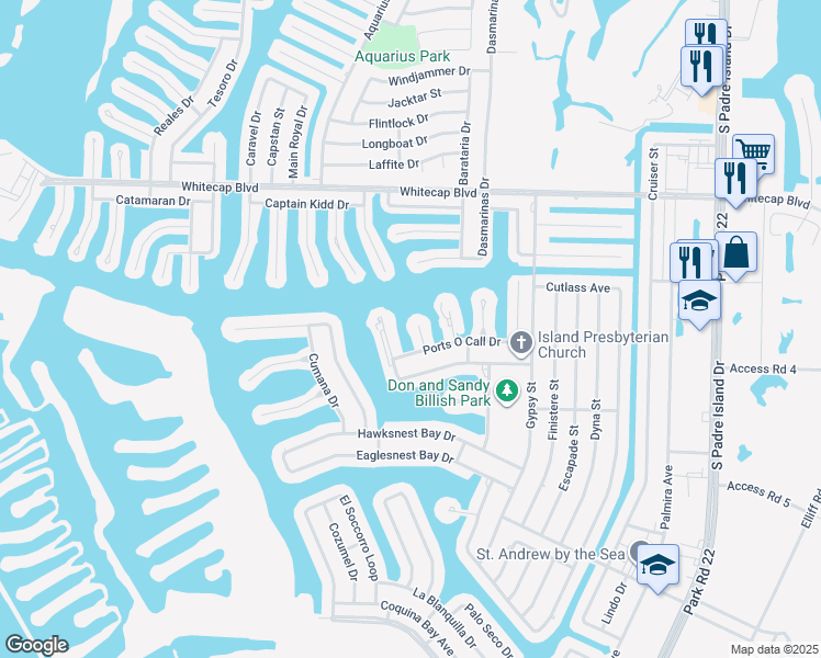 map of restaurants, bars, coffee shops, grocery stores, and more near 15422 Fortuna Bay Drive in Corpus Christi