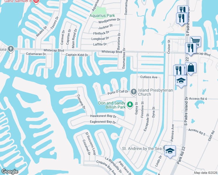 map of restaurants, bars, coffee shops, grocery stores, and more near 15425 Grass Cay Court in Corpus Christi