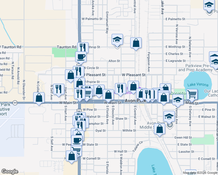 map of restaurants, bars, coffee shops, grocery stores, and more near 102 North Florida Avenue in Avon Park