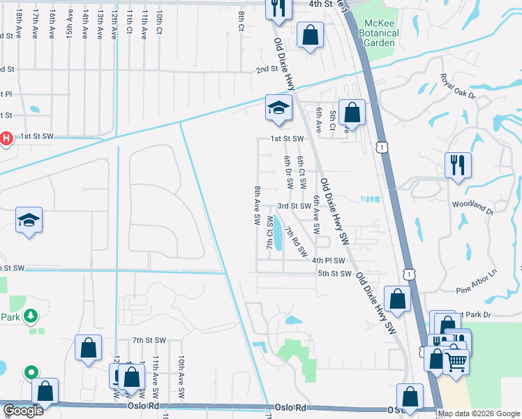 map of restaurants, bars, coffee shops, grocery stores, and more near 319 8th Avenue Southwest in Vero Beach