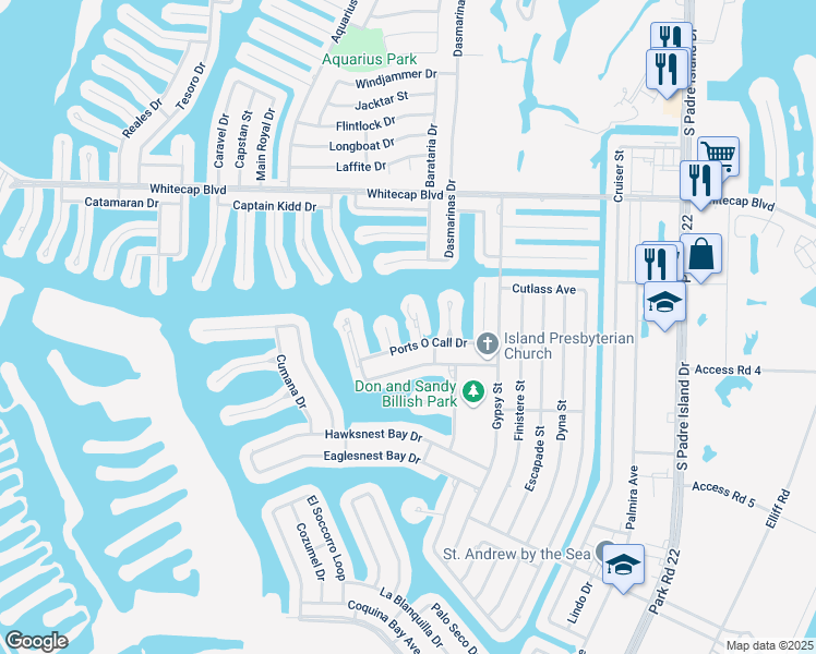 map of restaurants, bars, coffee shops, grocery stores, and more near 15425 Grass Cay Court in Corpus Christi