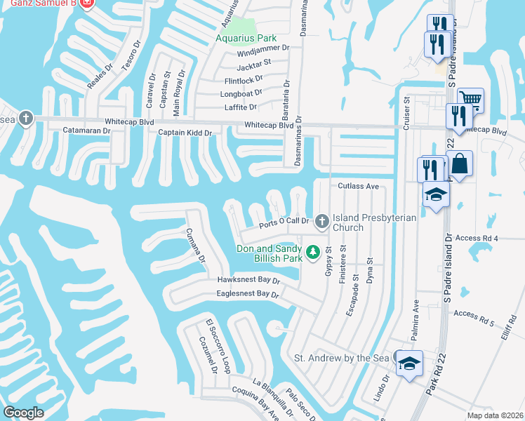 map of restaurants, bars, coffee shops, grocery stores, and more near 15425 Grass Cay Court in Corpus Christi