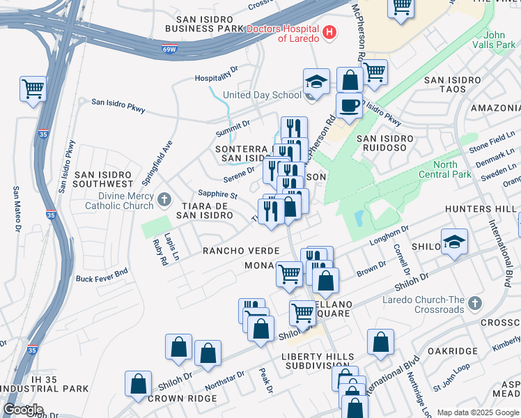 map of restaurants, bars, coffee shops, grocery stores, and more near 1207 Topaz Court in Laredo