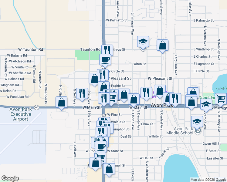 map of restaurants, bars, coffee shops, grocery stores, and more near 1001 Locke Street in Avon Park