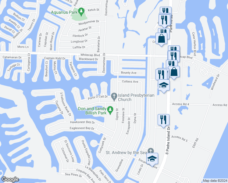 map of restaurants, bars, coffee shops, grocery stores, and more near 14029 Ports O Call Drive in Corpus Christi