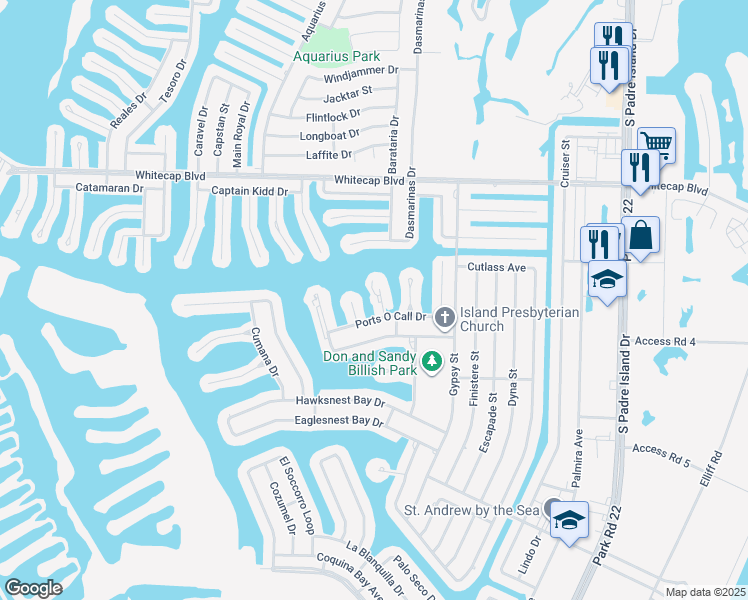 map of restaurants, bars, coffee shops, grocery stores, and more near 15425 Grass Cay Court in Corpus Christi