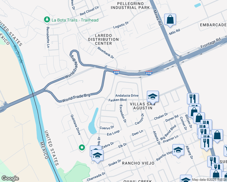 map of restaurants, bars, coffee shops, grocery stores, and more near 711 Andalucia Drive in Laredo
