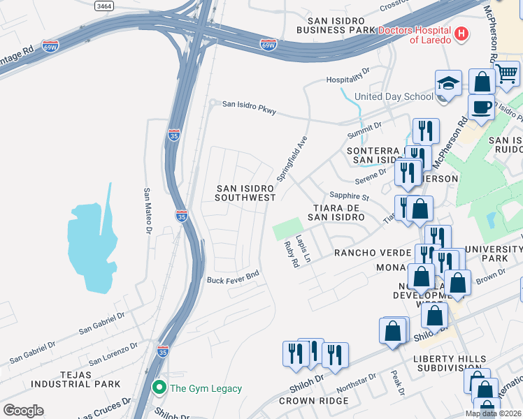 map of restaurants, bars, coffee shops, grocery stores, and more near 1321 Sambar Loop in Laredo
