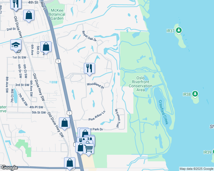 map of restaurants, bars, coffee shops, grocery stores, and more near 105 Pine Arbor Lane in Vero Beach