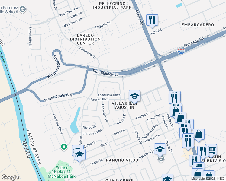map of restaurants, bars, coffee shops, grocery stores, and more near 725 Andalucia Drive in Laredo
