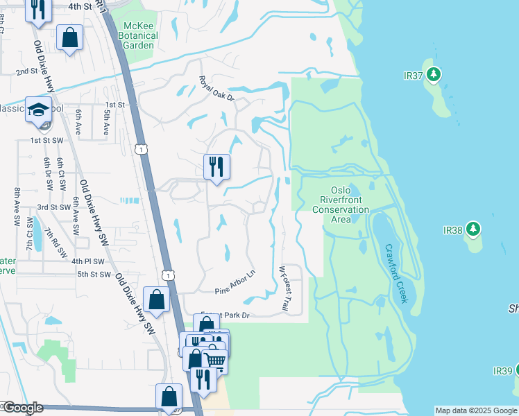 map of restaurants, bars, coffee shops, grocery stores, and more near 43 Woodland Drive in Vero Beach