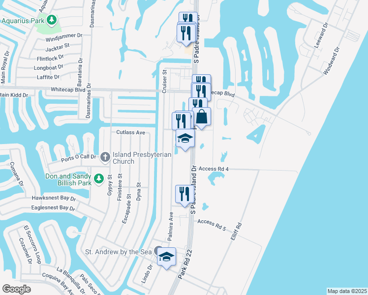 map of restaurants, bars, coffee shops, grocery stores, and more near 15437 South Padre Island Drive in Corpus Christi