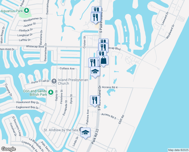 map of restaurants, bars, coffee shops, grocery stores, and more near 15417 South Padre Island Drive in Corpus Christi