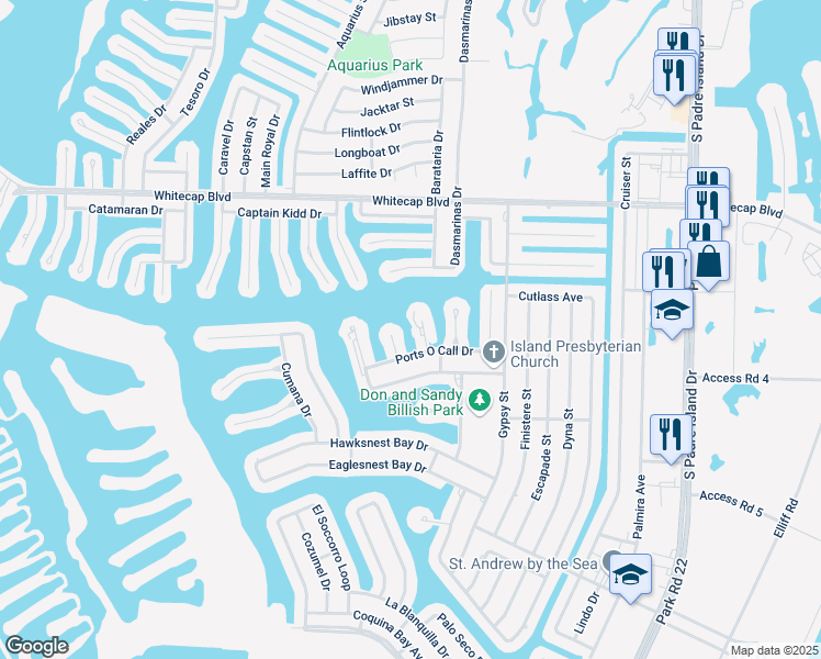 map of restaurants, bars, coffee shops, grocery stores, and more near 505 Grass Cay Court in Corpus Christi