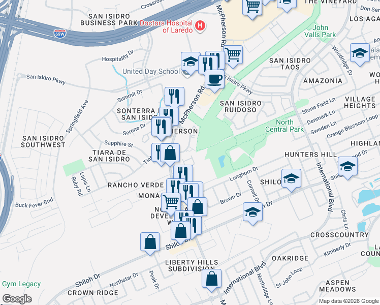 map of restaurants, bars, coffee shops, grocery stores, and more near 9809 Sterling Loop in Laredo