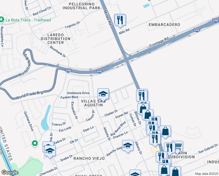 map of restaurants, bars, coffee shops, grocery stores, and more near 830 Fasken Boulevard in Laredo