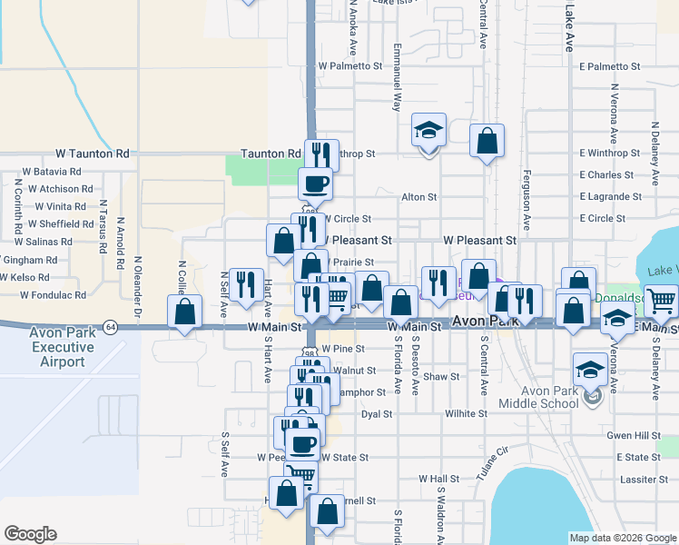 map of restaurants, bars, coffee shops, grocery stores, and more near 1005 West Prairie Street in Avon Park