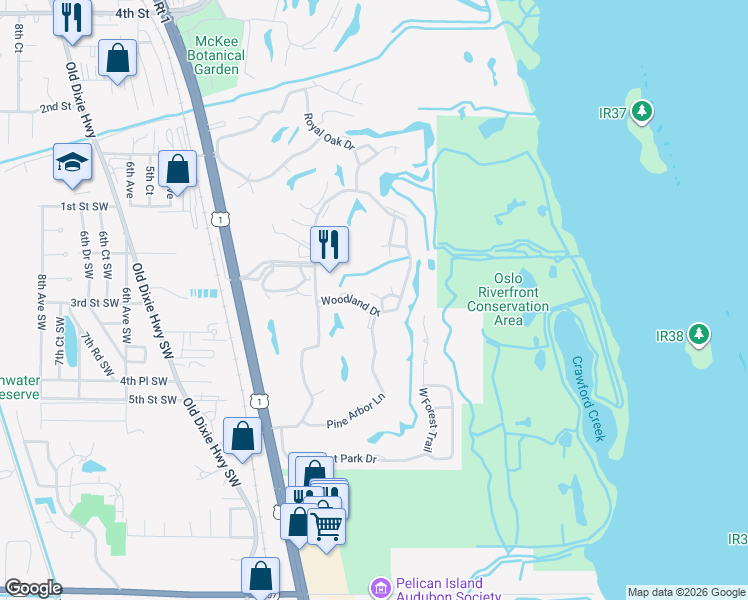 map of restaurants, bars, coffee shops, grocery stores, and more near 42 Woodland Drive in Vero Beach