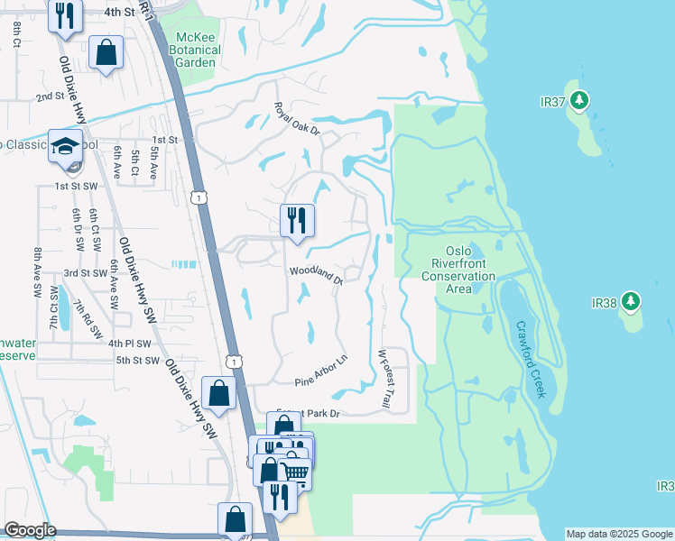 map of restaurants, bars, coffee shops, grocery stores, and more near 41 Woodland Drive in Vero Beach