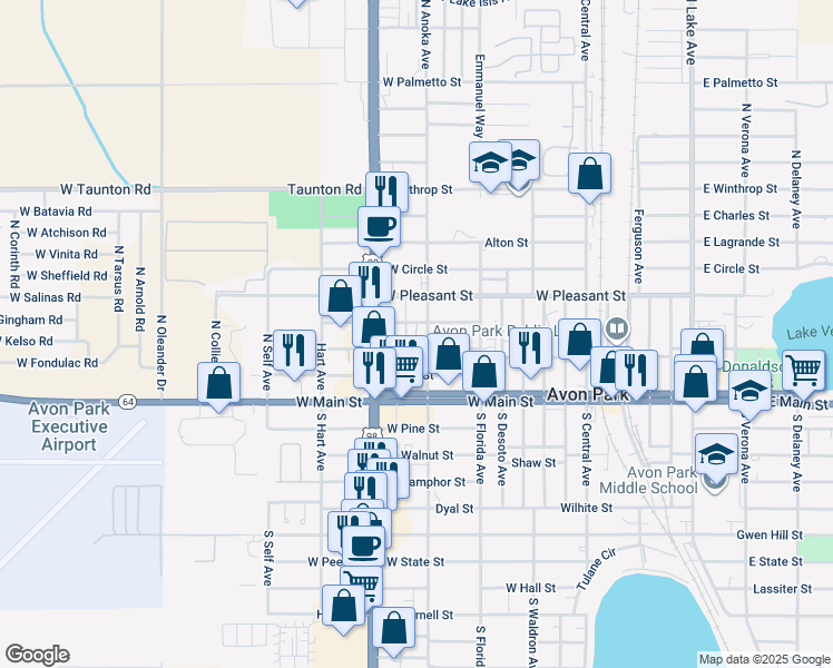 map of restaurants, bars, coffee shops, grocery stores, and more near 1005 West Prairie Street in Avon Park