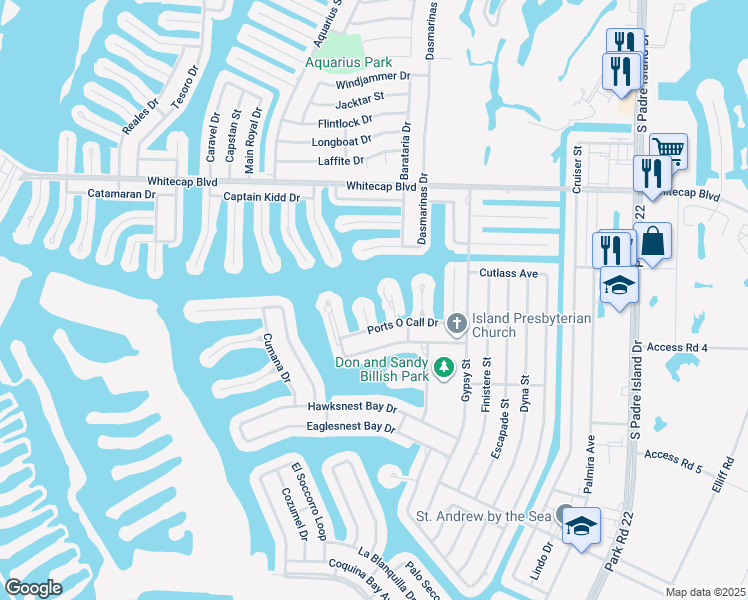 map of restaurants, bars, coffee shops, grocery stores, and more near 505 Grass Cay Court in Corpus Christi