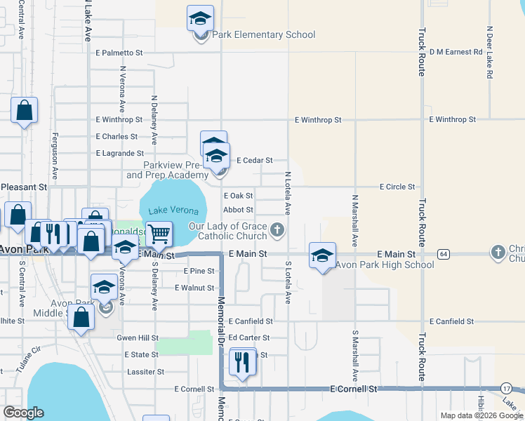 map of restaurants, bars, coffee shops, grocery stores, and more near Wester Avenue in Avon Park