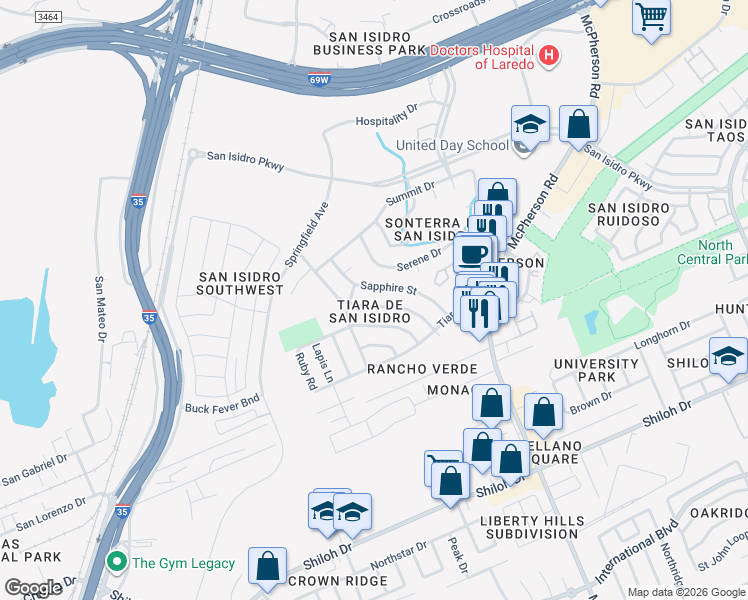 map of restaurants, bars, coffee shops, grocery stores, and more near 919 Sapphire Street in Laredo