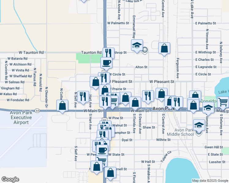 map of restaurants, bars, coffee shops, grocery stores, and more near 1005 West Prairie Street in Avon Park