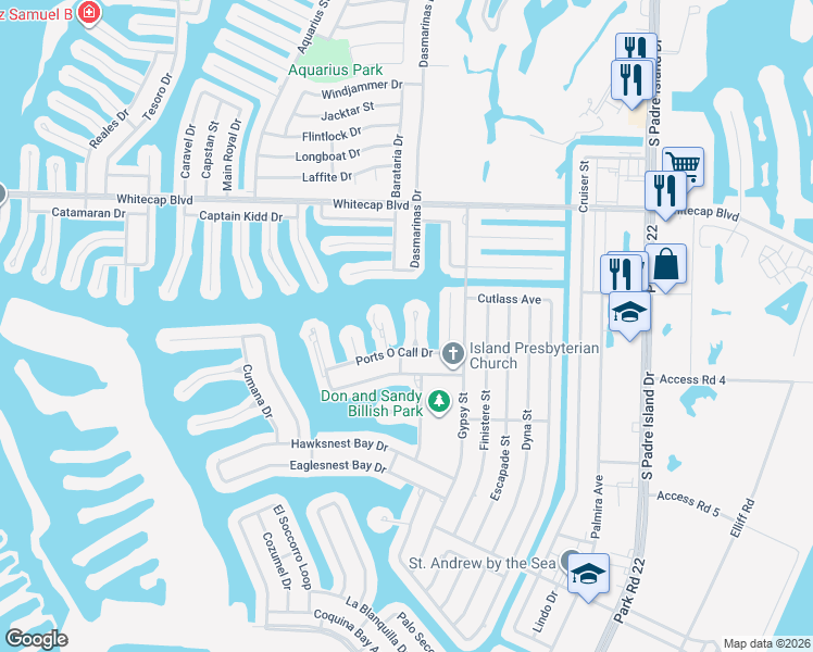 map of restaurants, bars, coffee shops, grocery stores, and more near 15405 Salt Cay Court in Corpus Christi