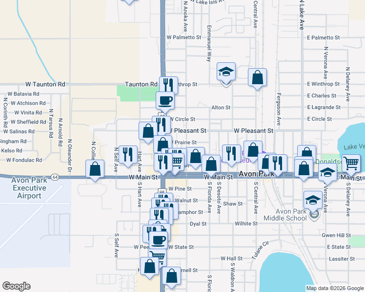 map of restaurants, bars, coffee shops, grocery stores, and more near 1005 West Prairie Street in Avon Park