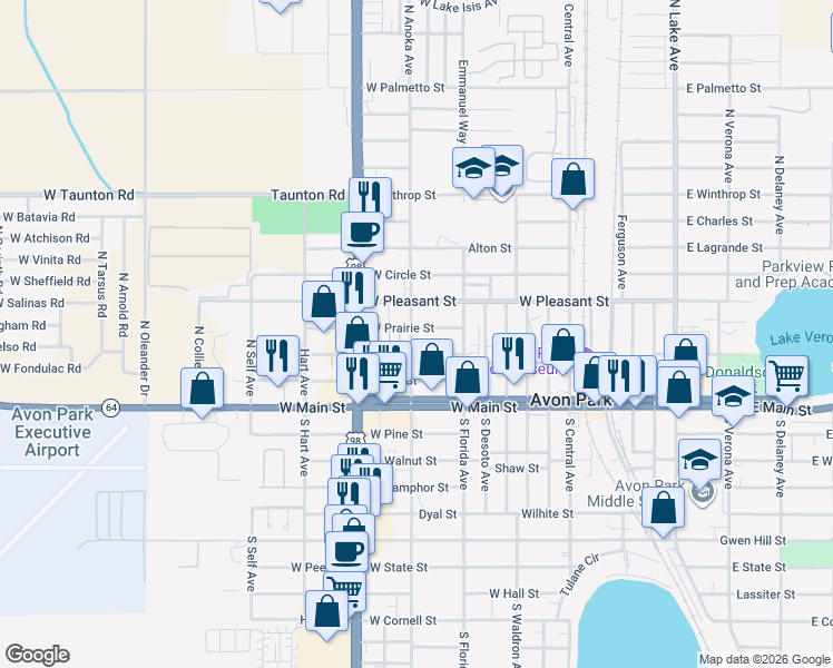 map of restaurants, bars, coffee shops, grocery stores, and more near 906 West Prairie Street in Avon Park