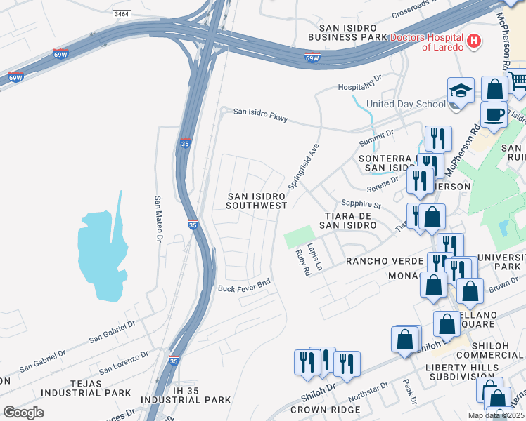 map of restaurants, bars, coffee shops, grocery stores, and more near 1413 Sambar Loop in Laredo