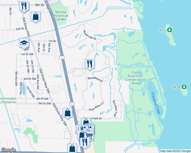 map of restaurants, bars, coffee shops, grocery stores, and more near 40 Woodland Drive in Vero Beach