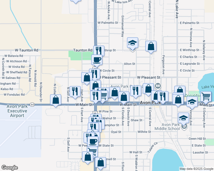 map of restaurants, bars, coffee shops, grocery stores, and more near 1005 West Prairie Street in Avon Park