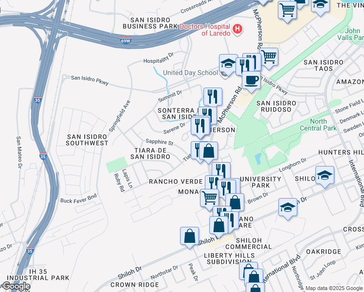 map of restaurants, bars, coffee shops, grocery stores, and more near 1110 Sapphire St in Laredo