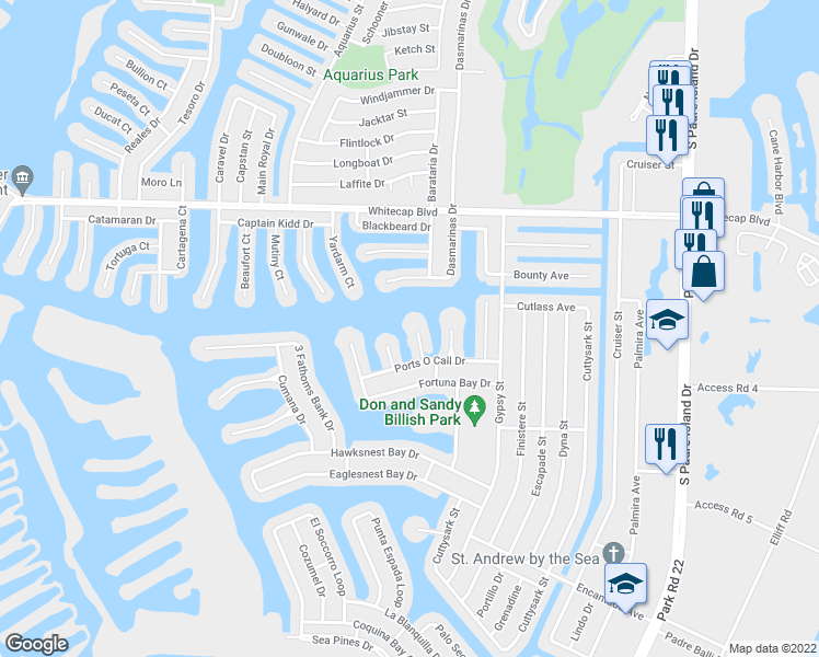 map of restaurants, bars, coffee shops, grocery stores, and more near 505 Grass Cay Court in Corpus Christi