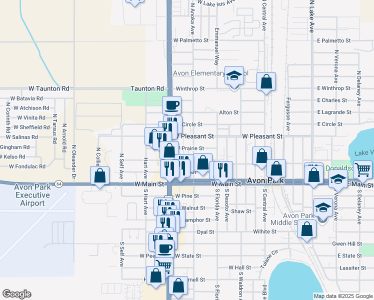 map of restaurants, bars, coffee shops, grocery stores, and more near 1005 West Prairie Street in Avon Park