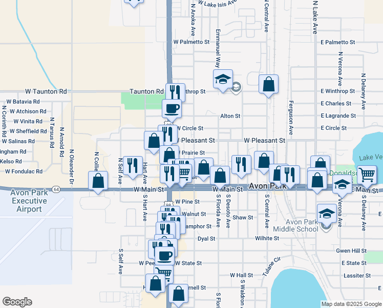 map of restaurants, bars, coffee shops, grocery stores, and more near 1005 West Prairie Street in Avon Park