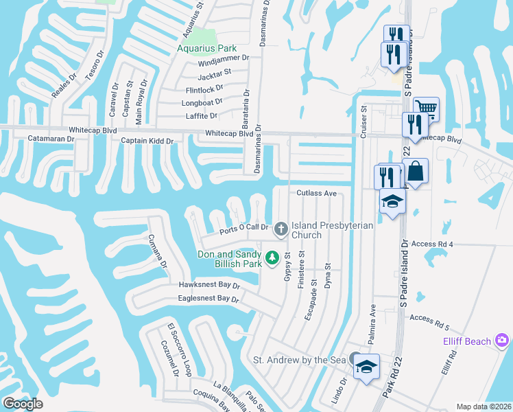 map of restaurants, bars, coffee shops, grocery stores, and more near 15405 Salt Cay Court in Corpus Christi
