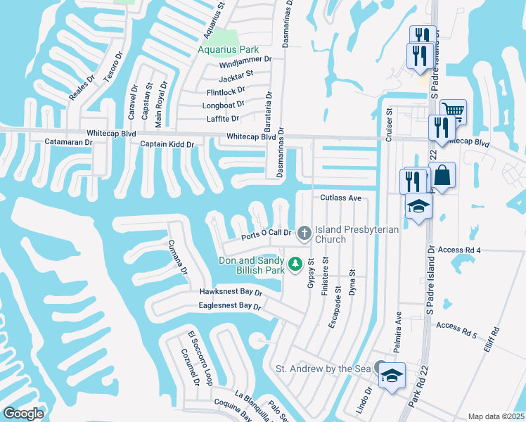 map of restaurants, bars, coffee shops, grocery stores, and more near 505 Grass Cay Court in Corpus Christi