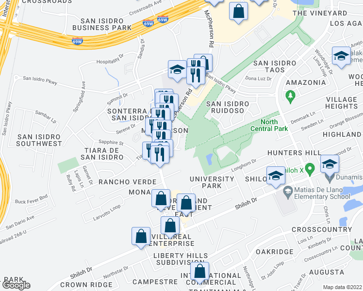 map of restaurants, bars, coffee shops, grocery stores, and more near 9807 Sterling Loop in Laredo